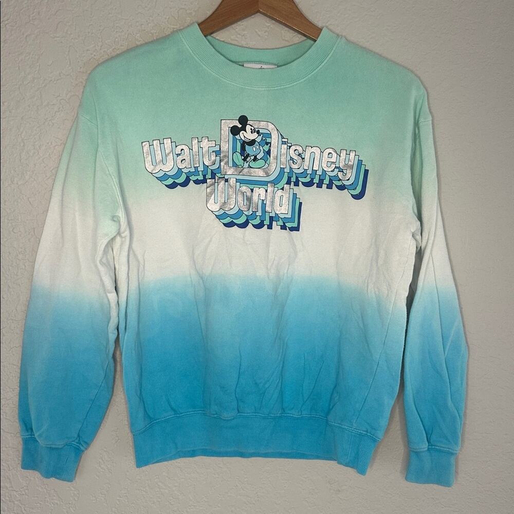 Disney Parks WDW Sweatshirt Retro 70s Silver Graphic Blue Green Ombre Oversized